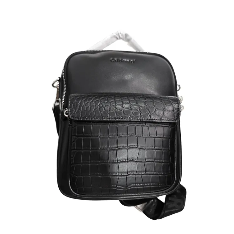 鳄鱼与牙签鸟鳄鱼肚皮真皮男士轻奢休闲日字包单肩包黑色DJLB-001