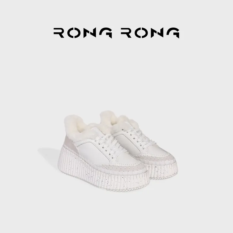 溶溶RONGRONG 丝绸牛皮羊毛皮内里手工缝马克线厚底小白鞋2590RR