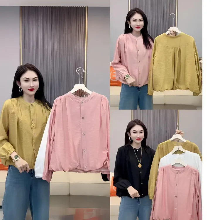 2025网红简约长袖气质纯色显瘦常规针织圆领夏季时尚拼接韩版衬衫