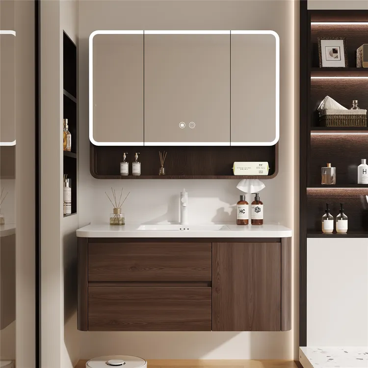 卫生间胡桃木色蜂窝铝浴室柜组合新款大抽屉洗手陶瓷一体盆洗脸盆