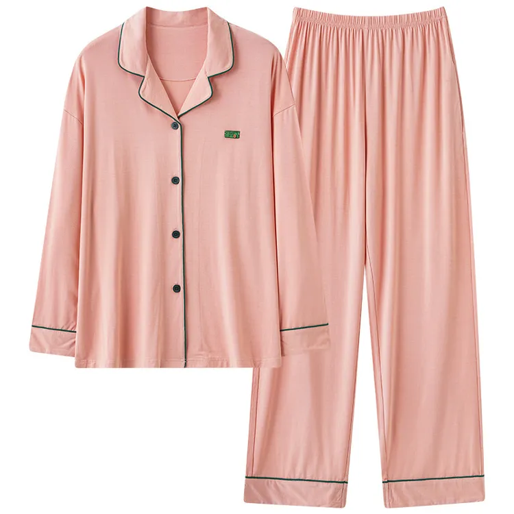 宽松开衫睡衣莫代尔女士长袖薄款大码新款家居服套装纯色休闲春秋