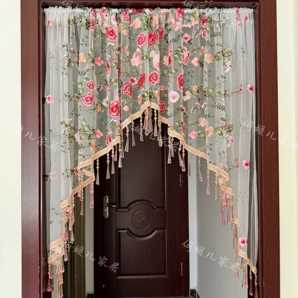 粉玫瑰庄园绣花高端出入门半门帘吊珠免打孔高100宽280吊珠随机发