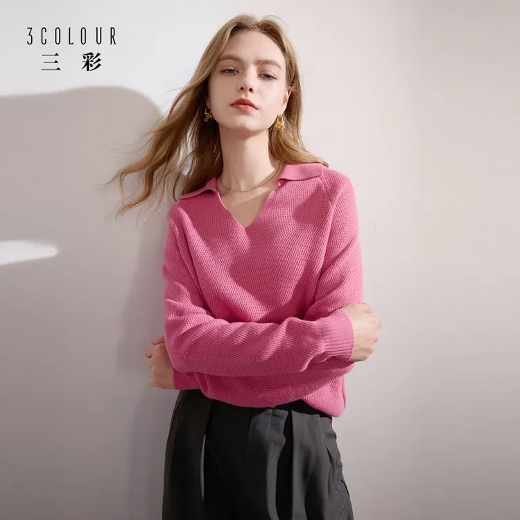 三彩2025冬季新款翻领针织衫慵懒宽松插肩袖毛衫套头衫显瘦女