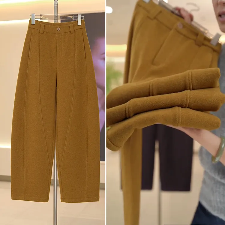 高端澳洲加绒加厚绵羊毛香蕉休闲裤女2025冬季新款松紧高腰弯刀裤
