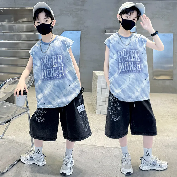 【5.2万人收藏】男童夏装字母背心T恤套装2025新款中大童儿童中裤两