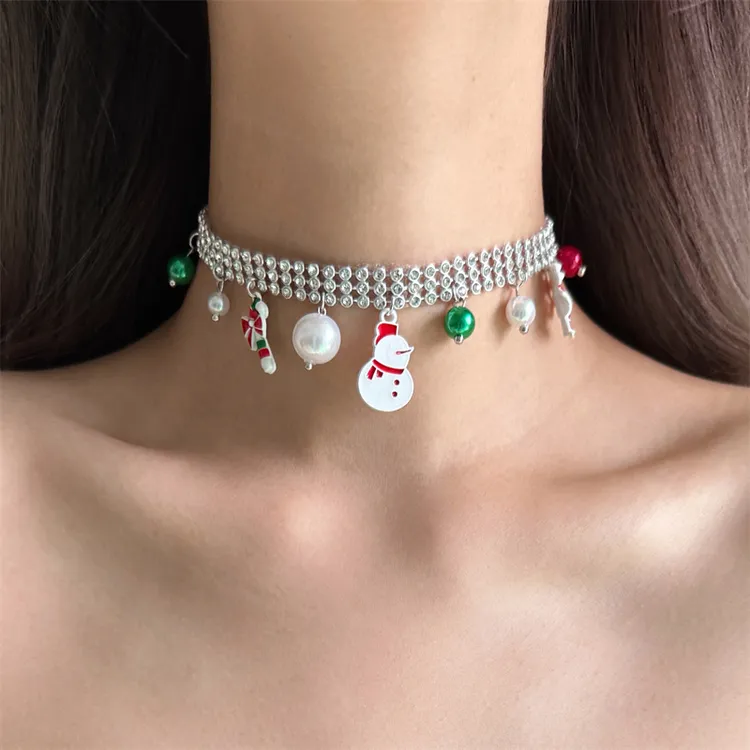 合金亚克力项链 X6165-1甜美可爱圣诞雪人珠珠choker项链小众设计