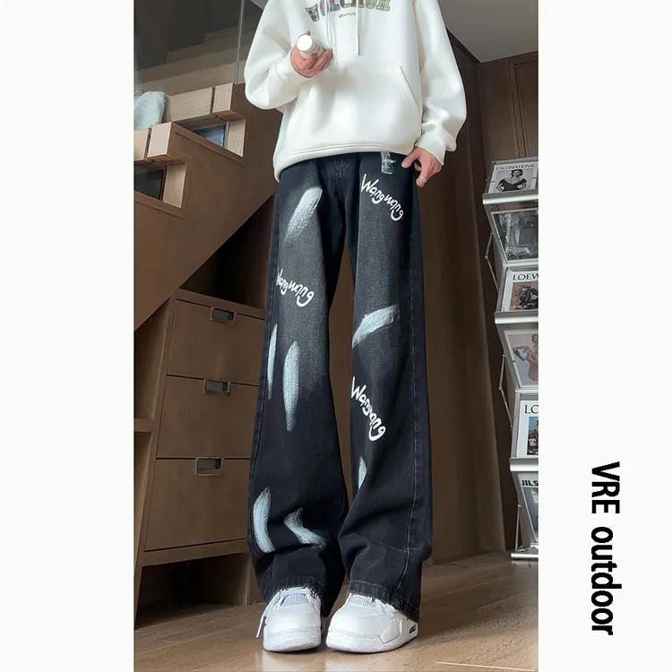 美式高街泼墨字母涂鸦牛仔裤男秋季潮牌痞帅裤子炸街显瘦微喇长裤