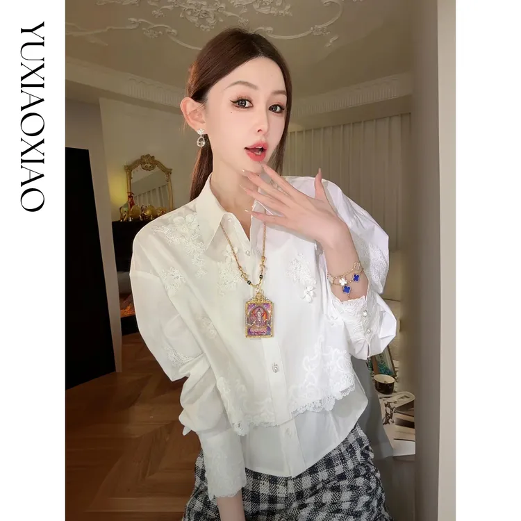 余潇潇【诗意花廊】百搭精致高级棉混纺拼接蕾丝立体绣花假两件衬衫