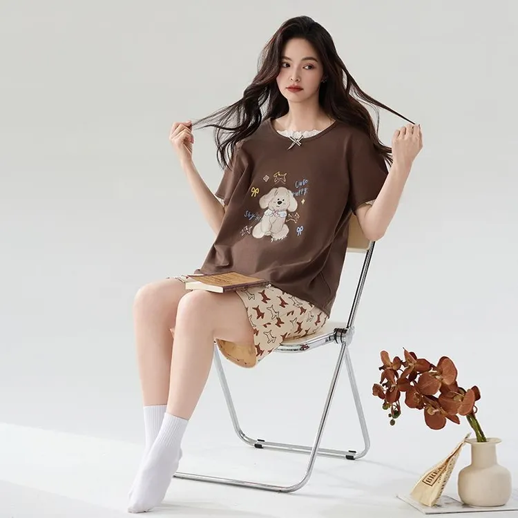 全棉睡衣女夏季圆领蕾丝拼接短袖短裤宽松大码胖MM200斤家居服女