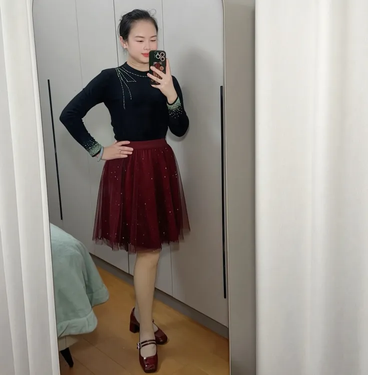 冬季新款烫钻亮片重工中长半身裙女高级网纱大摆裙垂感高腰气质裙