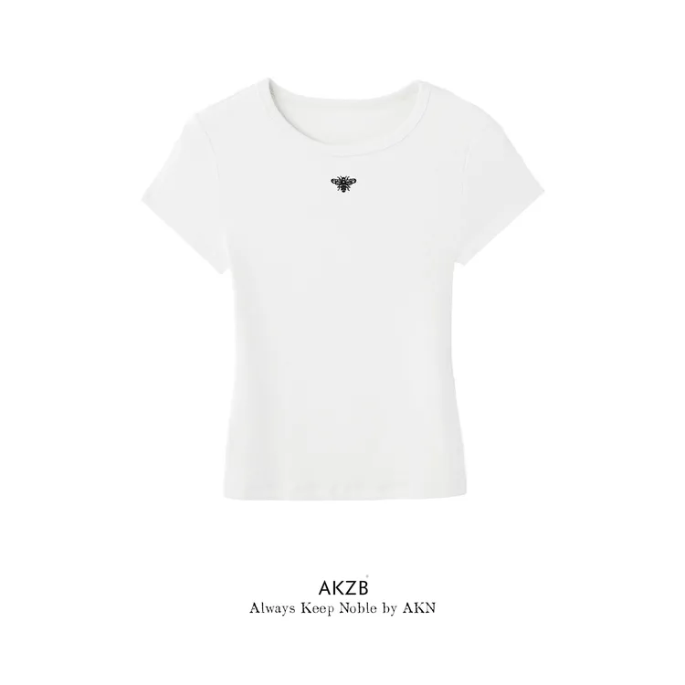AKZB-2045“小蜜蜂”刺绣圆领短袖 坑条肌理感纯棉修身T恤女