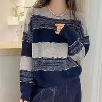 秋冬新款圆领拼色条纹针织衫女早秋上衣打底衫慵懒风显瘦套头毛衣