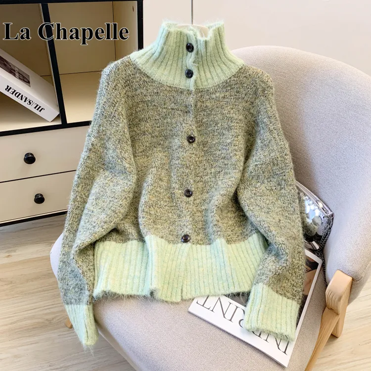 拉夏贝尔韩系撞色高领毛衣开衫女秋冬2025慵懒风宽松加厚针织上衣
