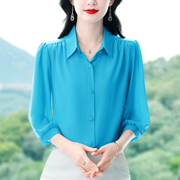 时尚高端七分袖雪纺衬衫女春夏新款气质休闲衬衣洋气妈妈中袖上衣