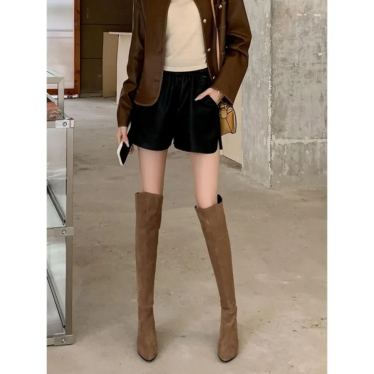 美拉德长靴女2025年冬季真皮气质尖头内增高过膝靴高跟棕色长筒靴