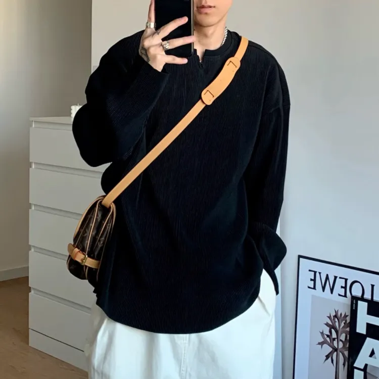 美式高级感v领褶皱垂感圆领长袖t恤男宽松男春秋上衣