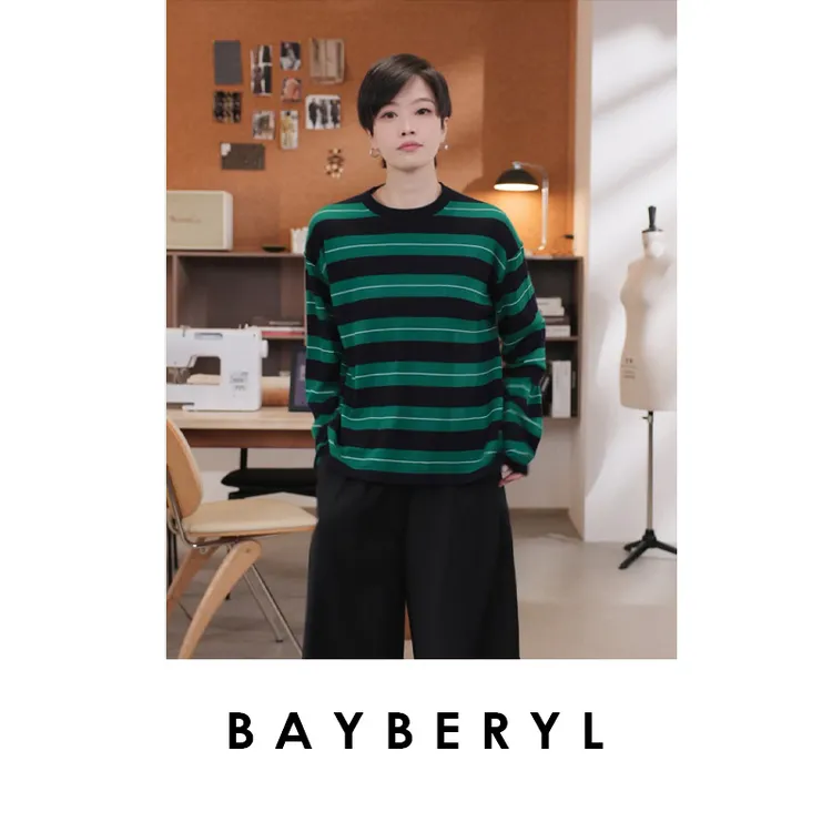 BAYBERYL老贝藤校学院*缪条纹拼色圆领长袖针织衫ZZS5F2501-