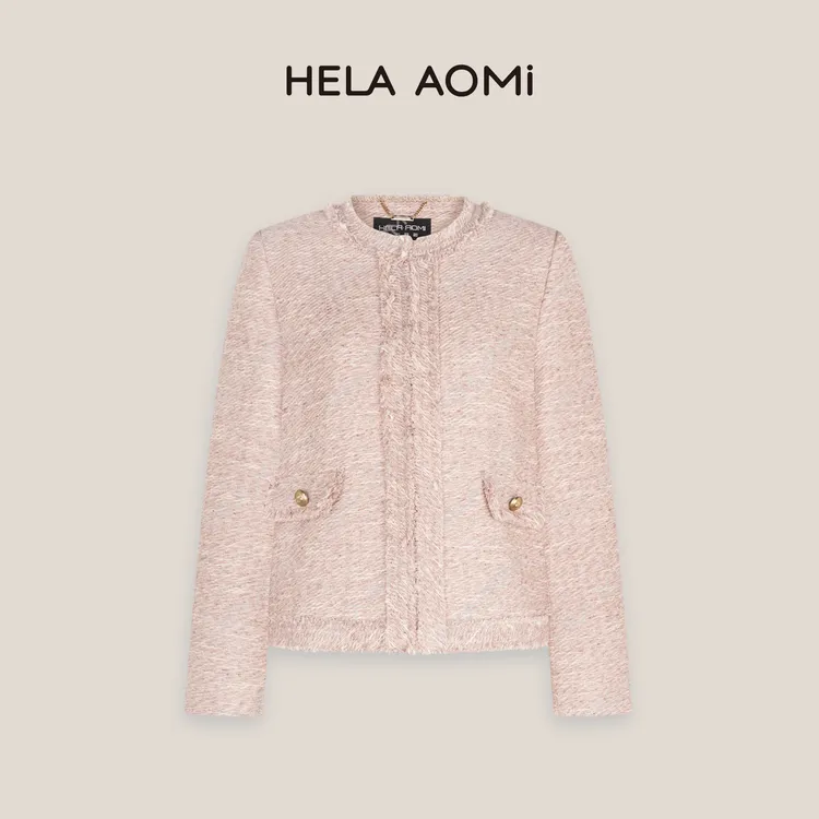 HELA AOMI“粉香”绵羊毛箱型版型遮肉显瘦直角肩流苏毛边外套