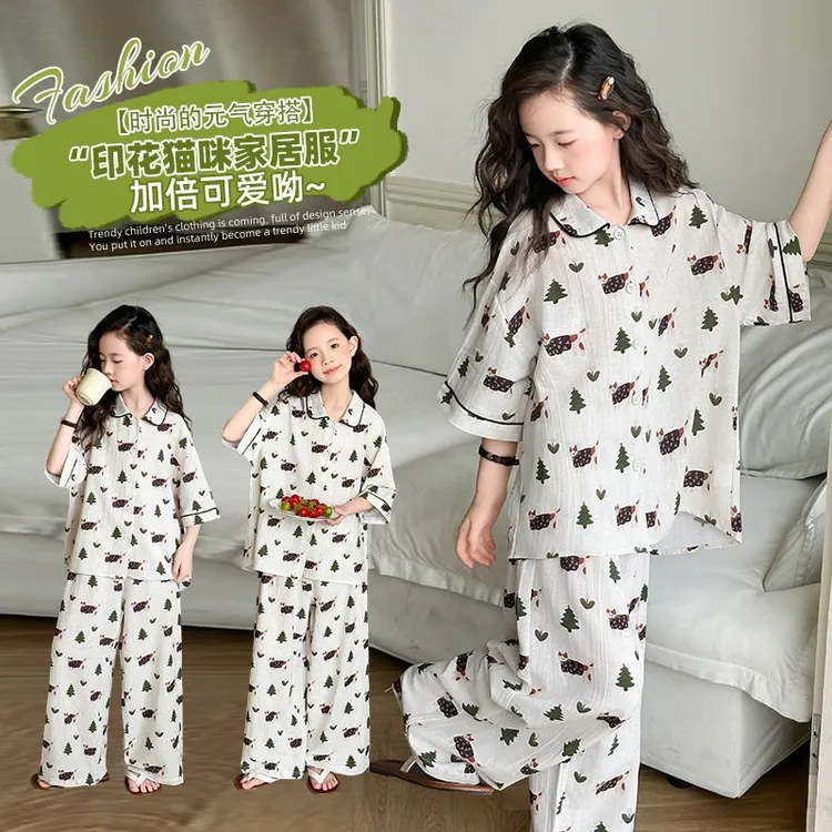 女童睡衣2025新款中大童夏季家居服儿童薄款印花睡衣两件套空调服