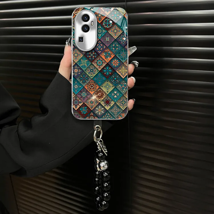 适用【opporeno10】玻璃壳五彩图腾ins风网红创意个性防摔手机壳女