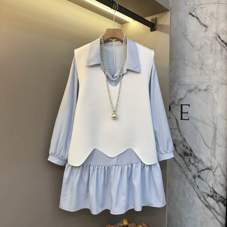 2025胖mm简约轻奢设计感显瘦通勤风时髦翻领连衣裙+马甲套装8859