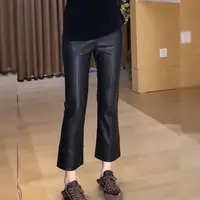 欧洲小个子微喇叭PU休闲皮裤女年秋冬新款梨型身材九分直筒裤