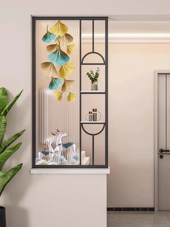 现代简约艺术玻璃客厅屏风隔断铁艺不锈钢入户饭厅半墙干湿区挡板