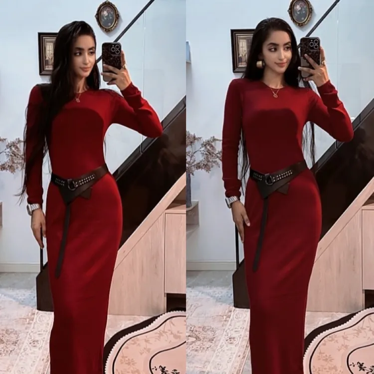 Reyanna&针织圆领长袖优雅修身百搭长款连衣裙