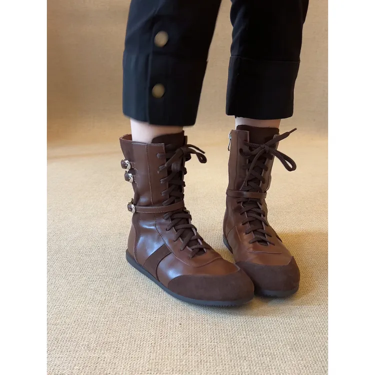 nnmiss·34-40/1cm复古圆头拼色系带皮带扣短靴新款平底休闲马丁靴