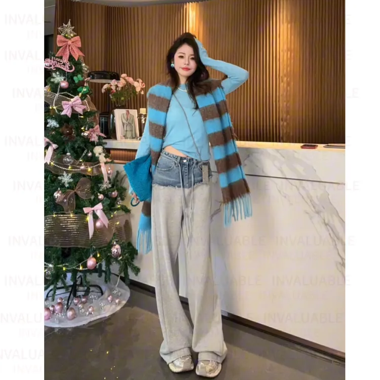 牛仔拼接休闲阔腿裤宽松透气秋冬款卫裤大气显瘦针织长裤