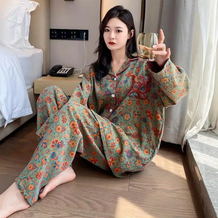 GPSUNLU复古风纯棉开衫睡衣女长袖加大码简约宽松胖MM200斤家居服