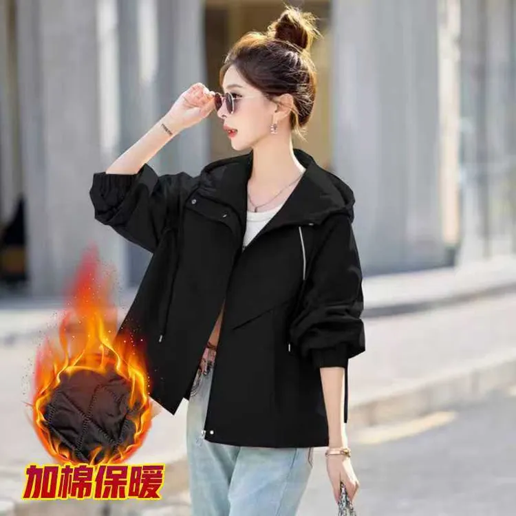 加棉加厚保暖小个子女生连帽百搭短外套厚款宽松收口袖短款