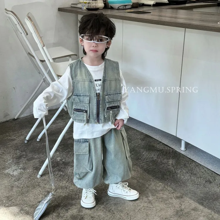 男童牛仔新款春秋洋气牛仔裤马甲套装儿童韩版痞帅男童三件两件套