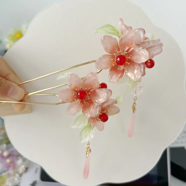 54号琉璃桃花发钗新中式汉服发饰古风头饰