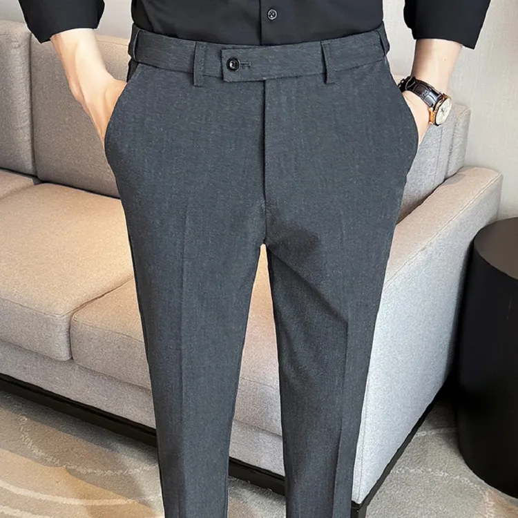秋季西裤男士商务休闲西裤修身小直筒百搭西装裤弹力松紧腰休闲裤