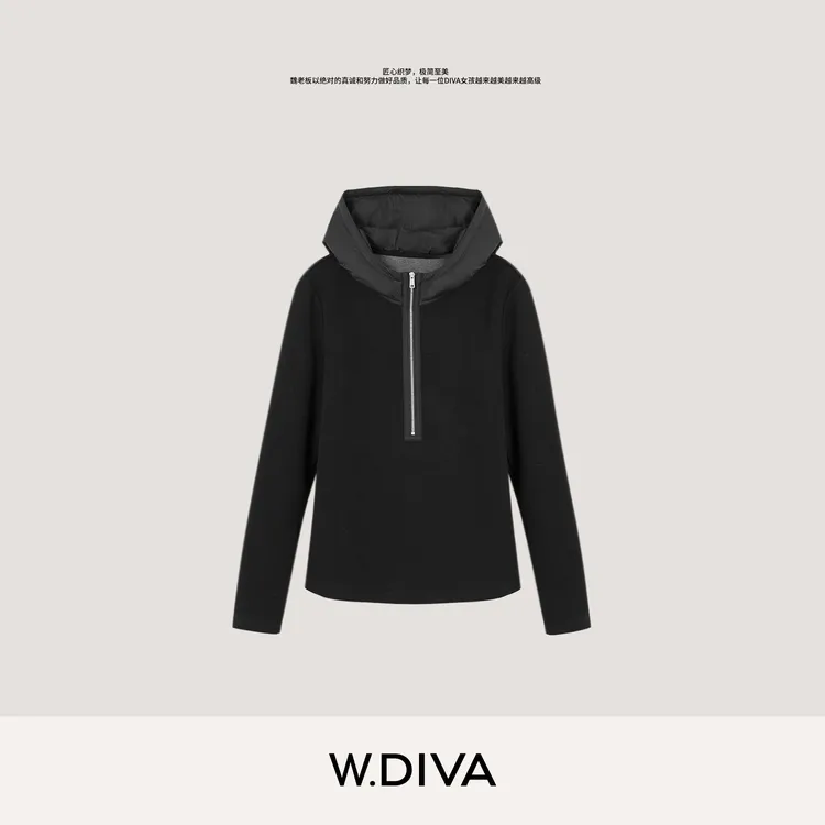 W.Diva【松弛自我】羊毛半门襟拉链夹棉半高领连帽卫衣女53T183120