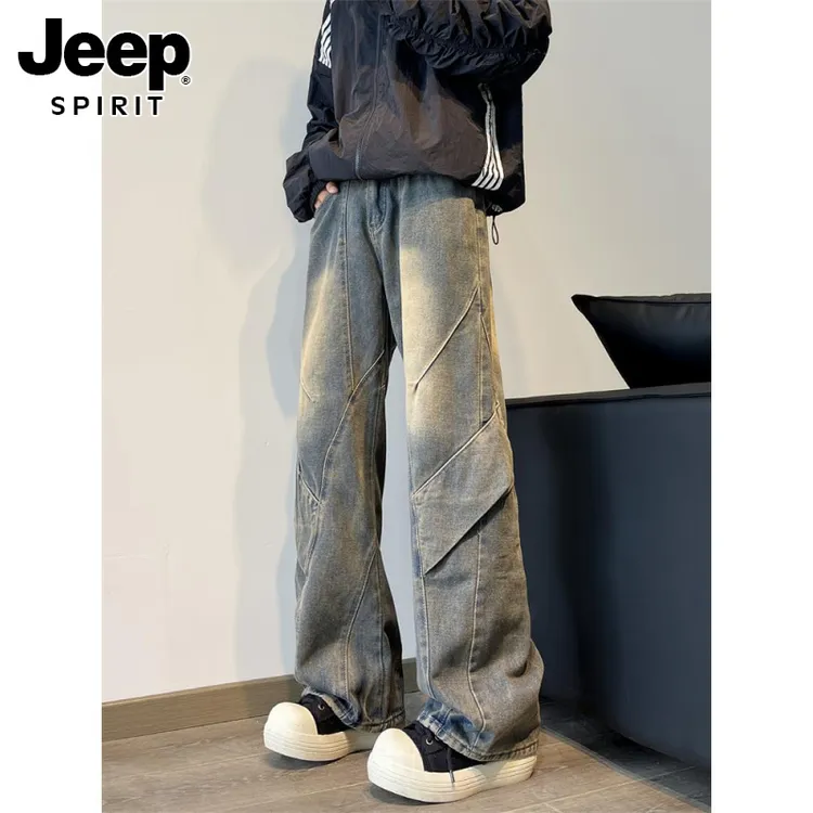 JEEPSPIRIT美式复古水洗牛仔男宽松直筒休闲裤子高街设计阔腿长裤