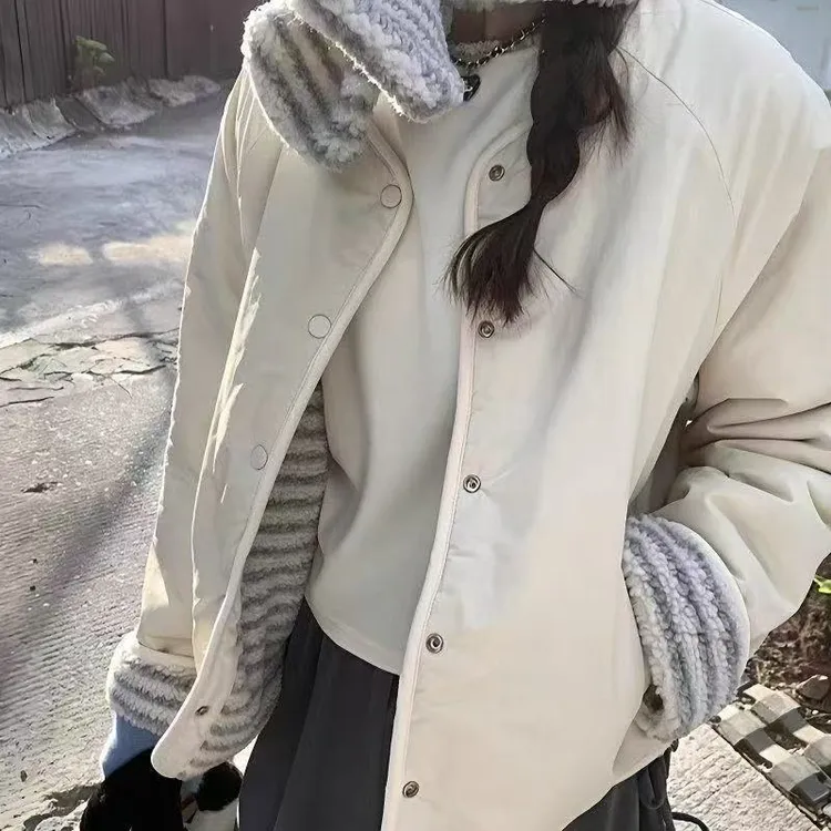 围巾韩系摇粒绒双面棉服vibe风外套2025冬季新款保暖宽松加厚上衣