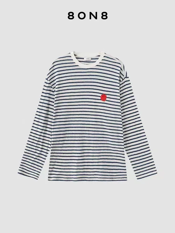 8ON8 经典条纹草莓刺绣镶钻长袖T恤2025休闲条纹宽松t恤秋季