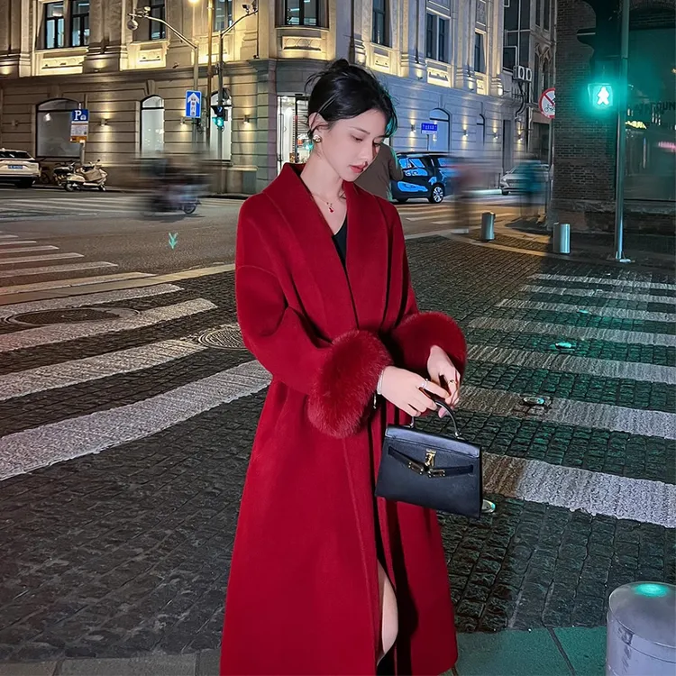 红色双面呢子大衣女2025年秋冬新款中长款本命年新娘结婚毛呢外套