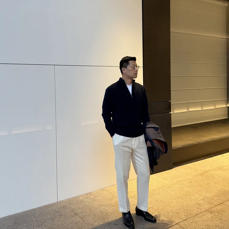 气质简约藏青色半拉链羊绒衫