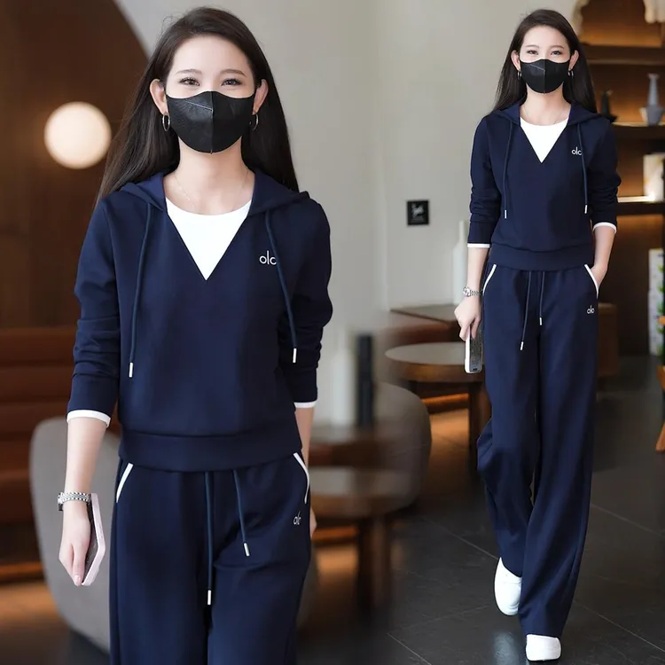 时尚套装女2025秋季新款洋气宽松显瘦假两件长袖上衣阔腿裤两件套