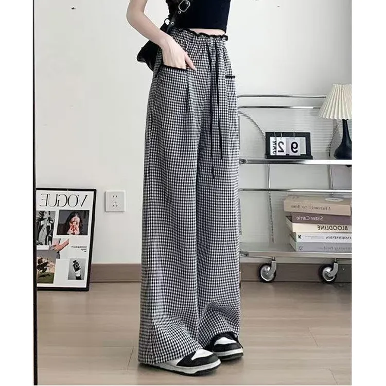 2025夏季时尚修身黑白格纹高腰显瘦阔腿裤女百搭垂感直筒裤女新款