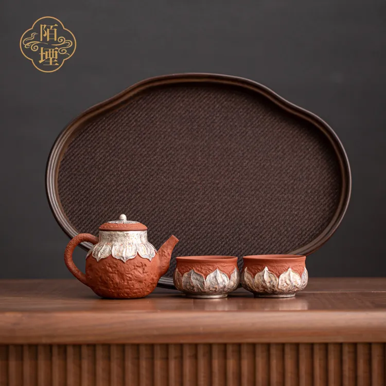 陌堙 手作原矿紫砂茶壶茶杯带茶盘套装家用鎏银泡茶小套组茶具