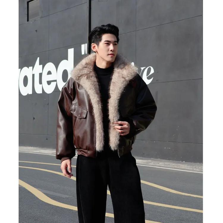 【99percent】座山雕宽松毛领棉服男冬季加厚保暖PU皮棉衣外套