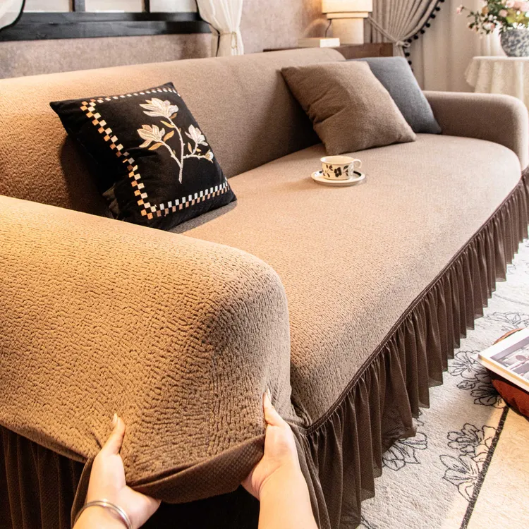 复古高级感裙边沙发罩2025新款全包套毛绒冬季加厚防猫抓沙发套罩