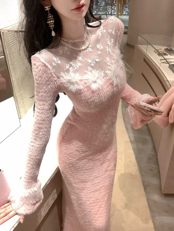 【雅乔定制】温柔乡 网纱蕾丝拼接毛绒针织长袖连衣裙DYCC-25098379