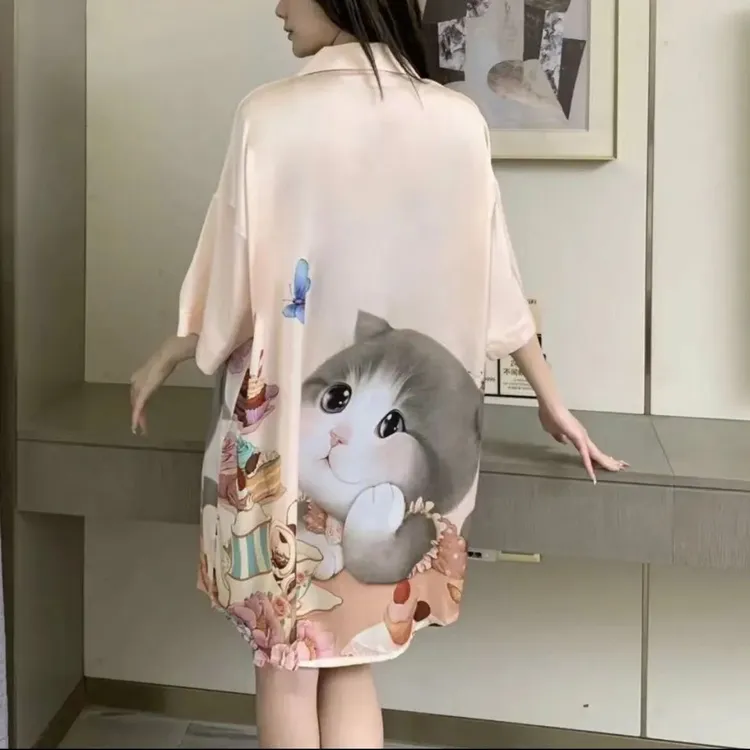 韩版新款冰丝睡裙女夏季薄款性感开衫睡衣高级感轻奢宽松家居服女