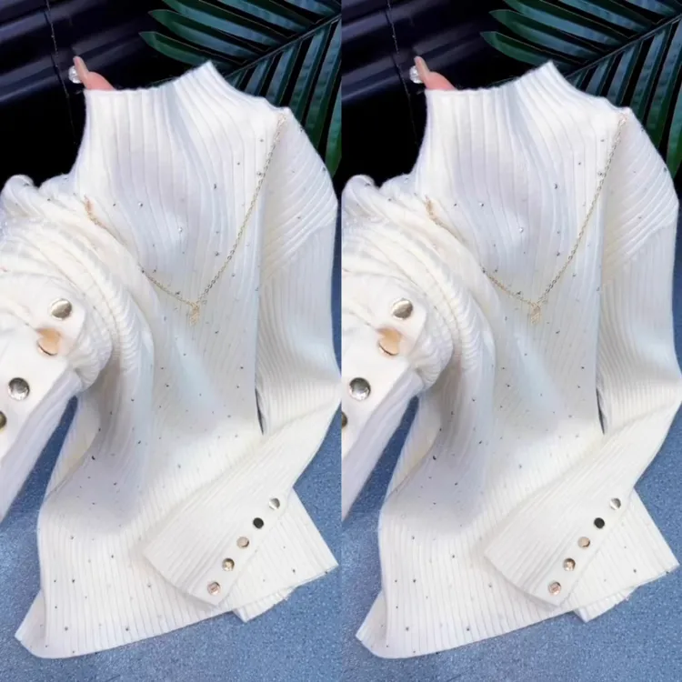 显瘦高领满天星针织衫洋气时尚袖纽扣宽松毛衣2025年秋冬打底衫女