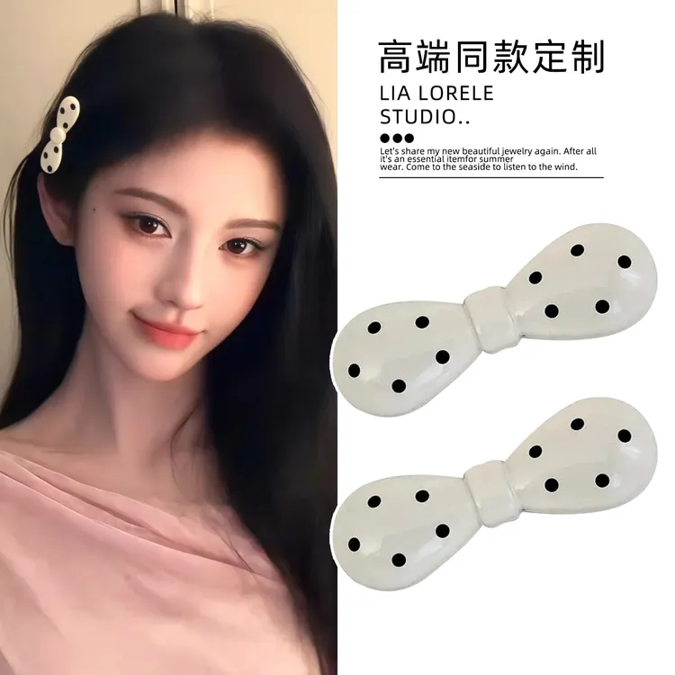 鞠婧祎同款黑白波点蝴蝶结发夹复古可爱高级感金属侧边刘海夹发饰